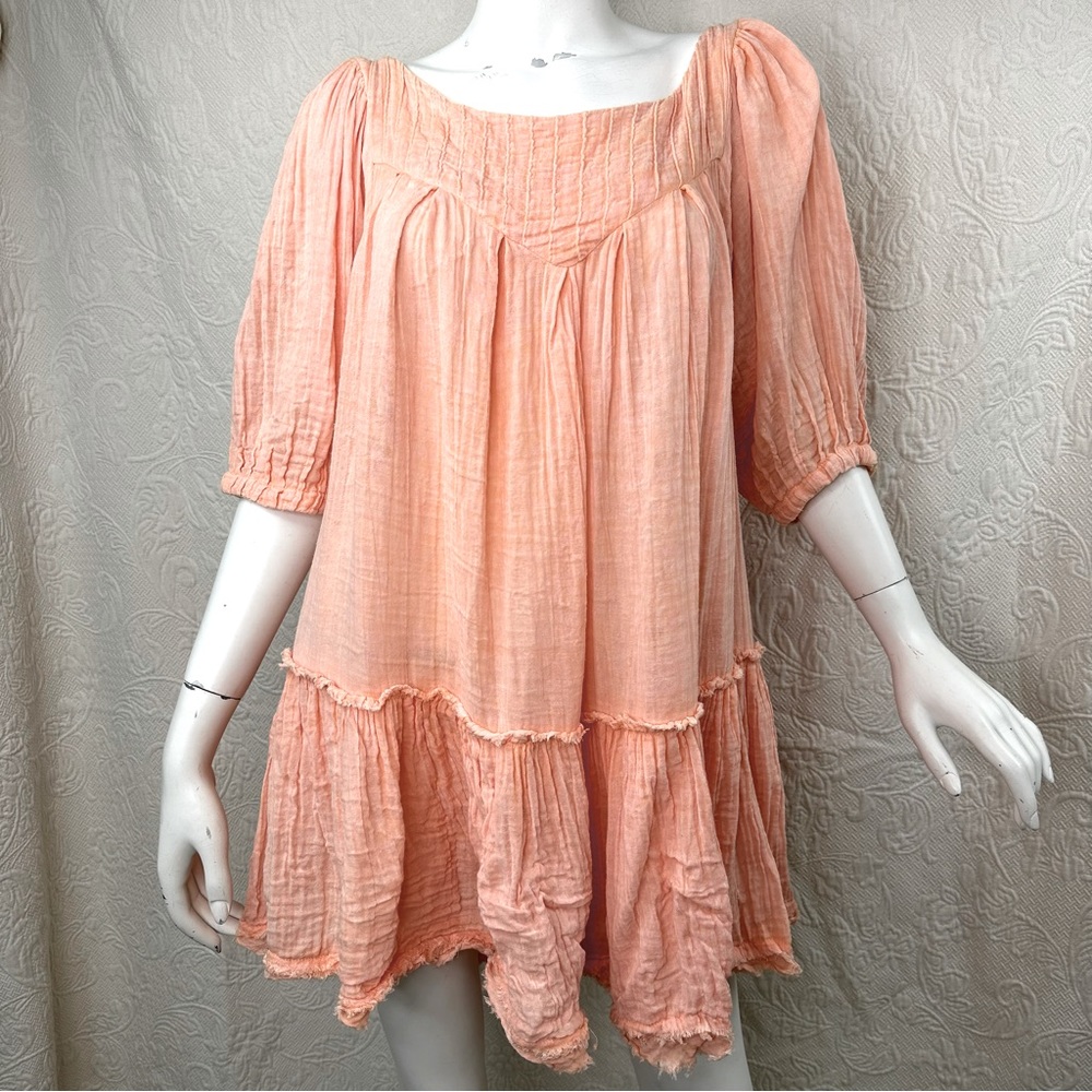 Free People Mystery Land Puff Sleeve Cotton Gauze Tiered Tunic Mini Dress